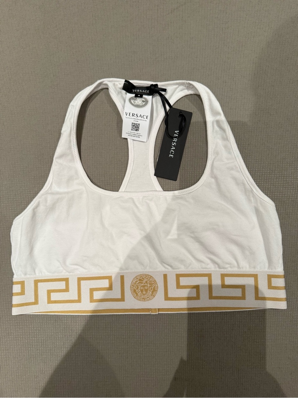 Versace White Racerback Bralette with Gold Greek Key Band